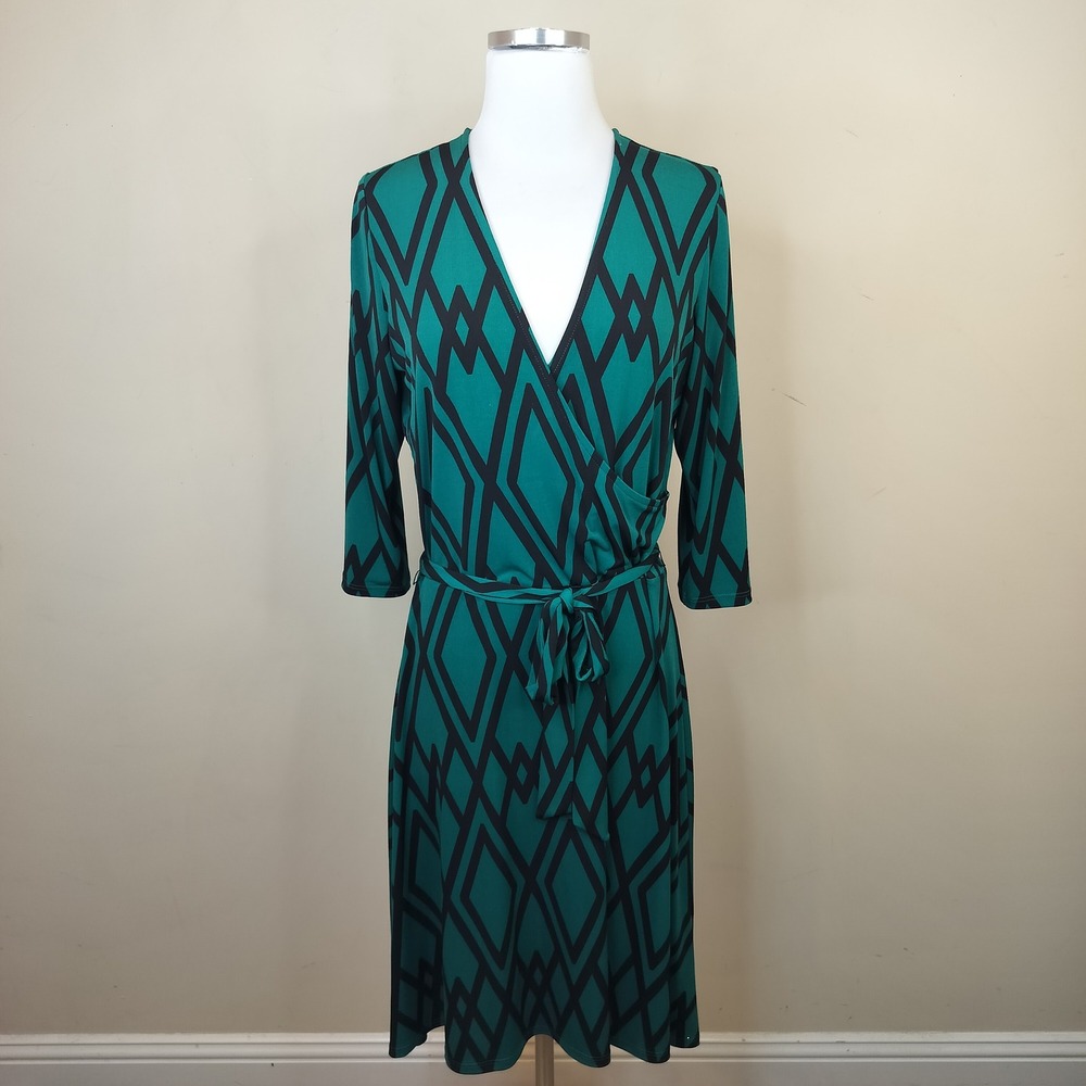 Leota Wrap Dress Teal Geometric Diamond Print Stretch Jersey Large Belted Modern